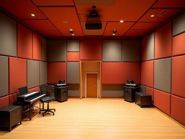 The live recording room at Estúdio Harmonia, with visible acoustic treatment panels, emphasizing its importance for learning about sound recording.