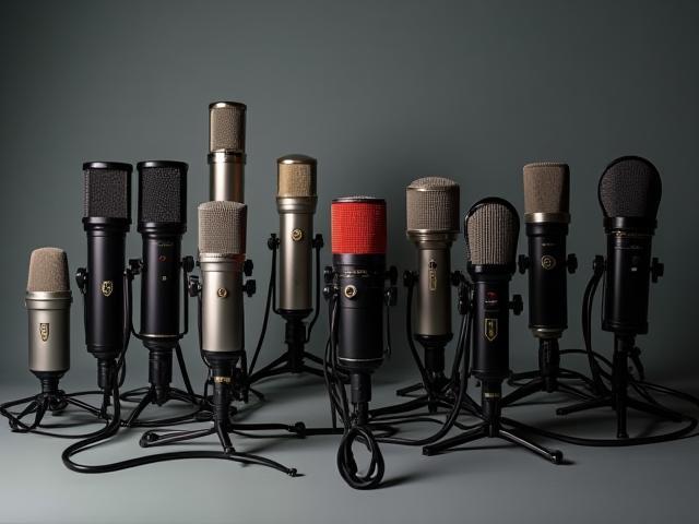 A diverse collection of various professional microphones at Estúdio Harmonia, arrayed for educational purposes to demonstrate different types and applications.